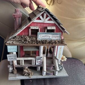 Hanging Outdoor Birdhouse Handmade Country Store Miniature Decor - Red & White